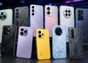 Ilustrasi beberapa smartphone terbaru dari berbagai merek berjajar dengan desain modern dan modul kamera beragam di atas latar bernuansa teknologi berwarna biru dan ungu.