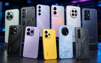 Ilustrasi beberapa smartphone terbaru dari berbagai merek berjajar dengan desain modern dan modul kamera beragam di atas latar bernuansa teknologi berwarna biru dan ungu.