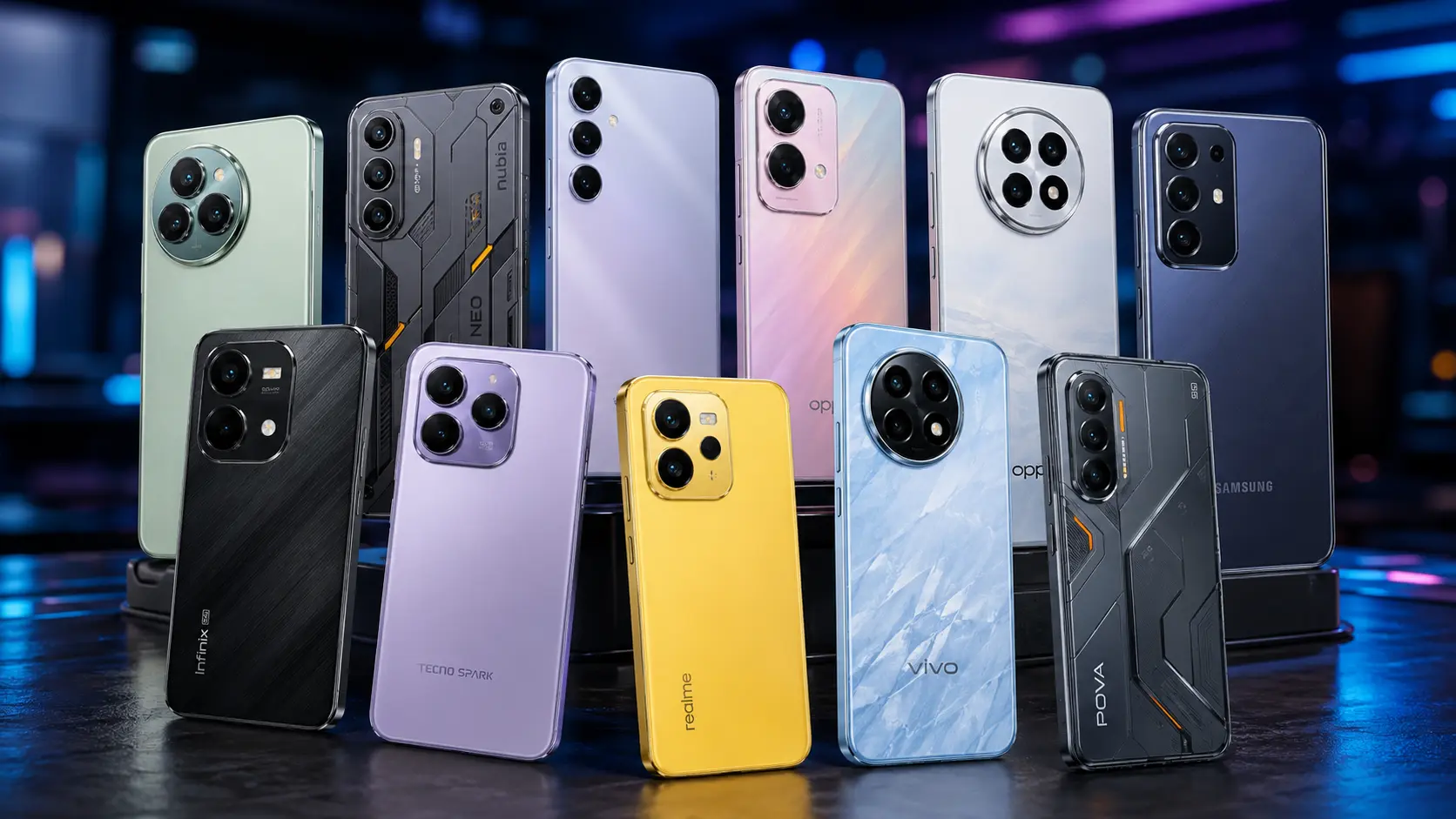 Ilustrasi beberapa smartphone terbaru dari berbagai merek berjajar dengan desain modern dan modul kamera beragam di atas latar bernuansa teknologi berwarna biru dan ungu.