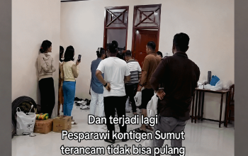 Tangkapan layar unggahan Facebook Angel Samosir mengenai kendala kepulangan kontingen Pesparawi Sumatera Utara dari Manokwari, Papua Barat.